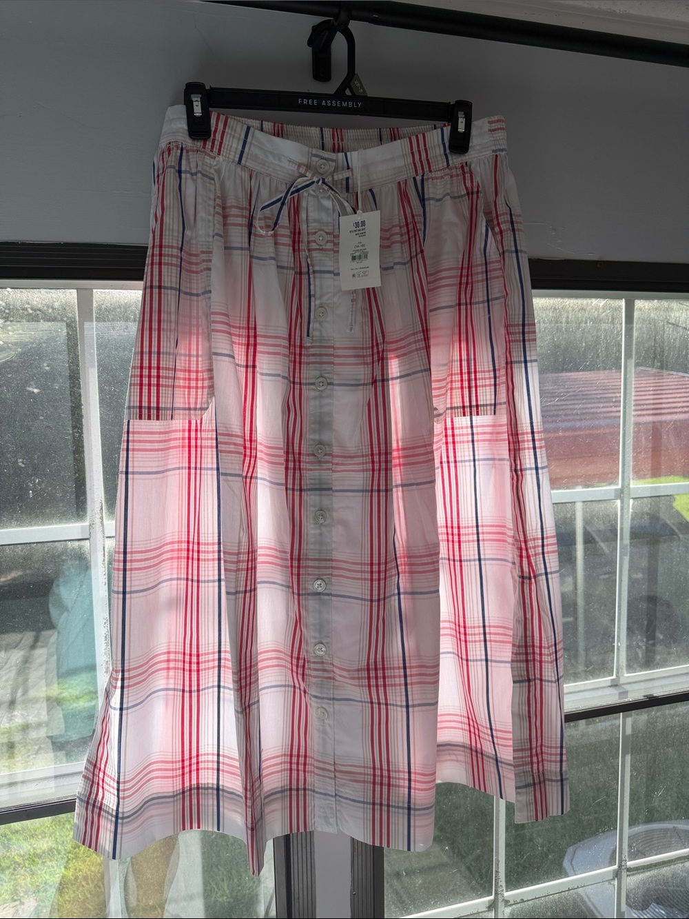 Free Assembly White Plaid Button-Front Midi Skirt with Red & Navy Stripes